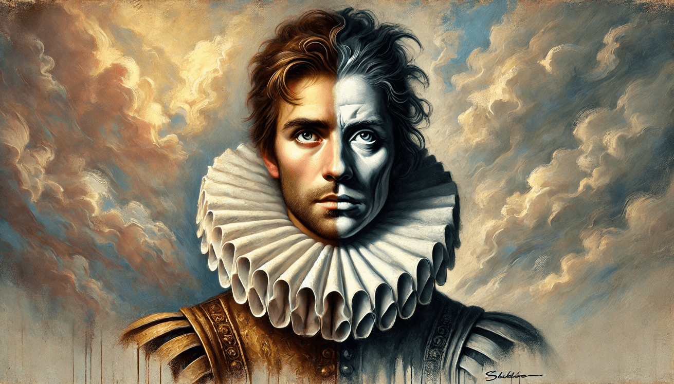 A symbolic portrait of a Shakespearean character in elaborate Elizabethan attire, featuring a ruffled collar and richly textured doublet