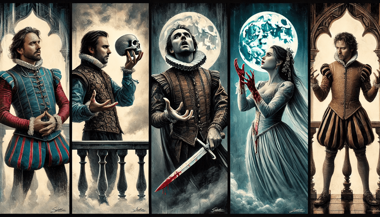 A vertical collage of four iconic Shakespearean characters in Elizabethan costume, each mid-soliloquy.
