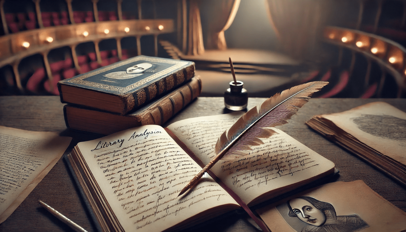 A warmly lit study desk with an open notebook filled with handwritten literary analysis notes in elegant script