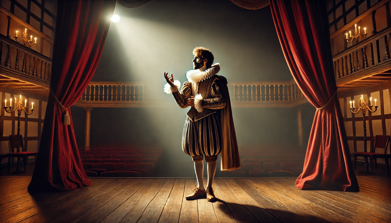 An Elizabethan actor in traditional 16th-century costume, including a white ruffled collar and long cloak, stands center stage under a focused spotlight
