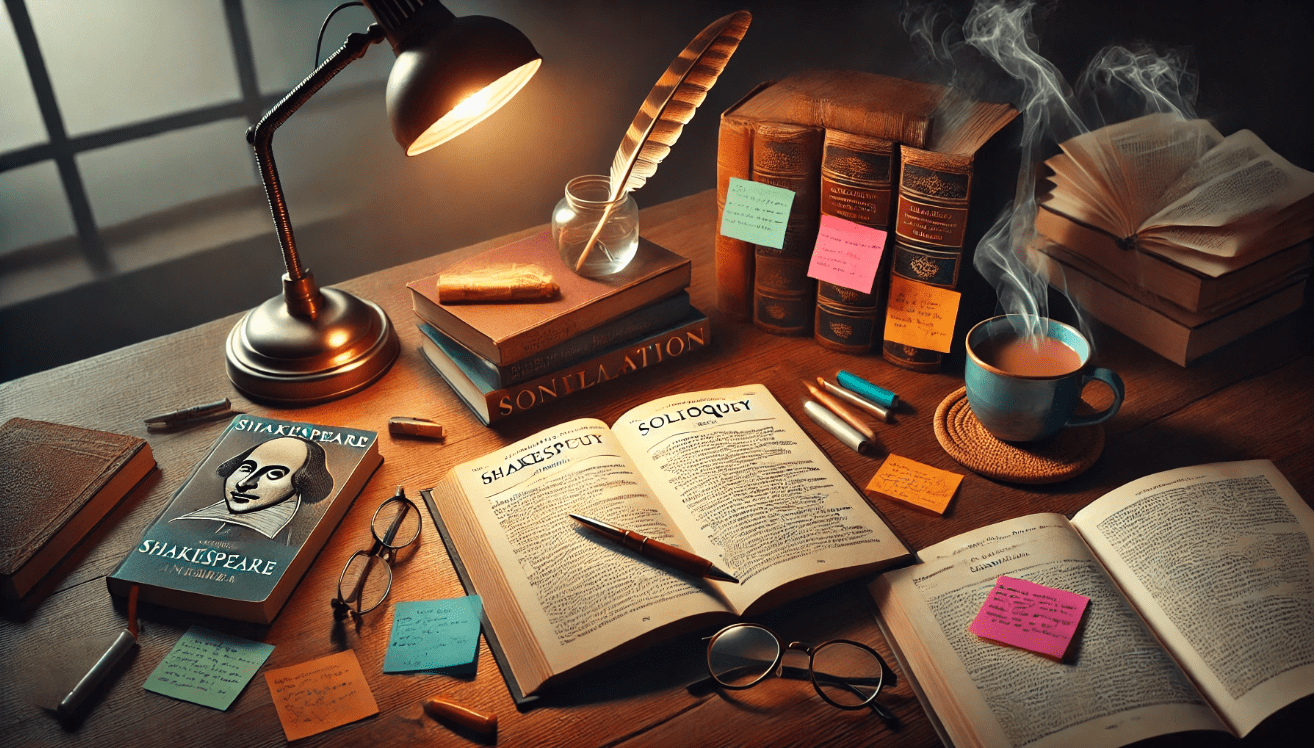 A warmly lit wooden study desk with an open Shakespeare play turned to a soliloquy page, surrounded by handwritten notes, colorful sticky tabs, and a modern translation book