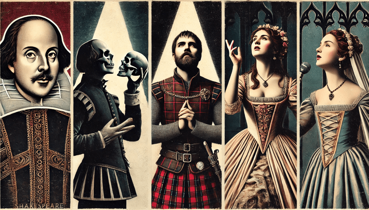 A dramatic stage illustration featuring Hamlet, Macbeth, and Juliet, each isolated in their own spotlight against a shadowy background. Hamlet stands pensively with a skull, clad in dark Elizabethan attire