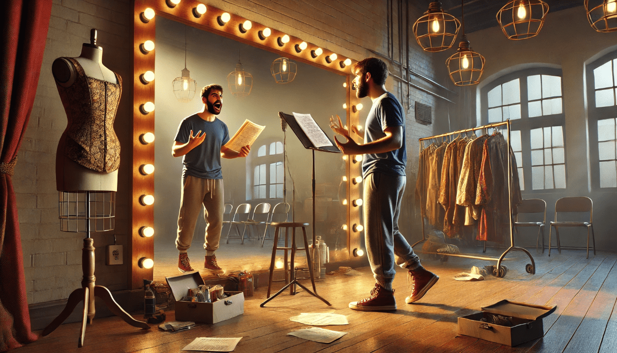 A realistic theater rehearsal room with an actor standing in front of a full-length mirror, practicing a Shakespearean soliloquy