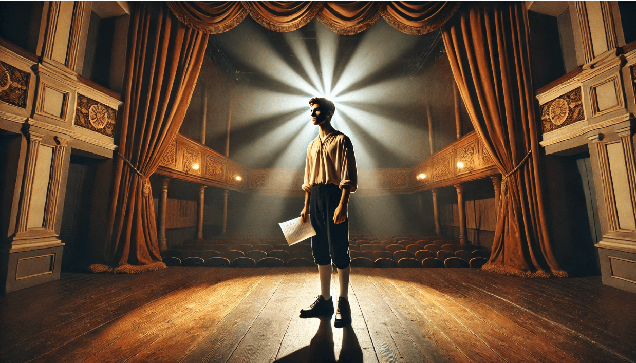A solitary young actor is illuminated by a strong spotlight at center stage in a classical theater. He clutches a script and gazes ahead with focus and intensity