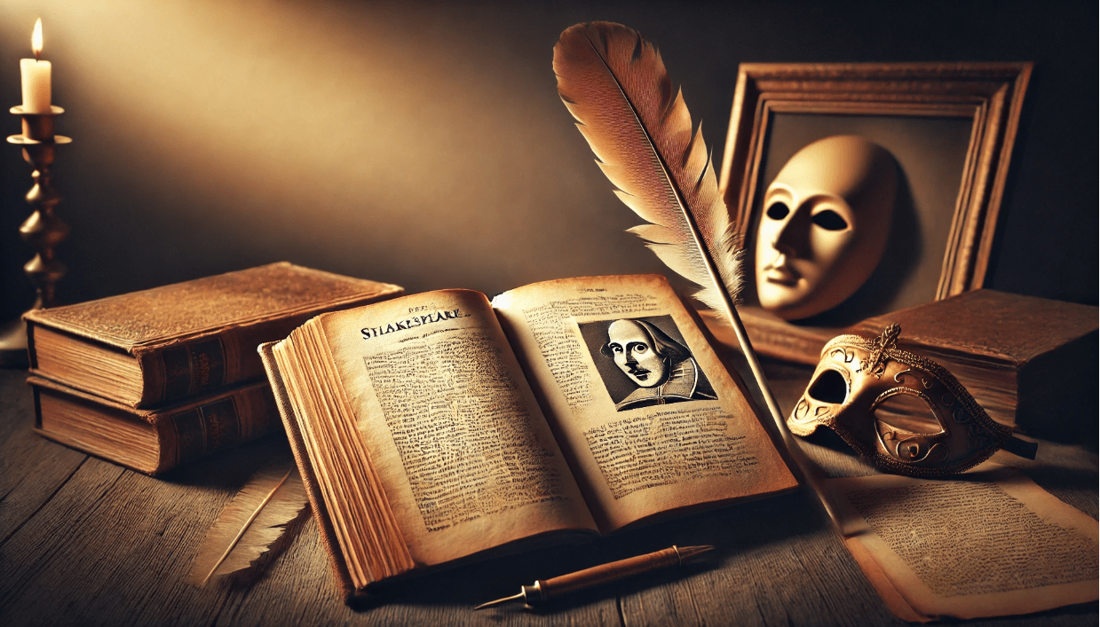 An open vintage book lies on a wooden surface, displaying a page from a Shakespeare play with aged, yellowed pages and elegant, old-style typeface.