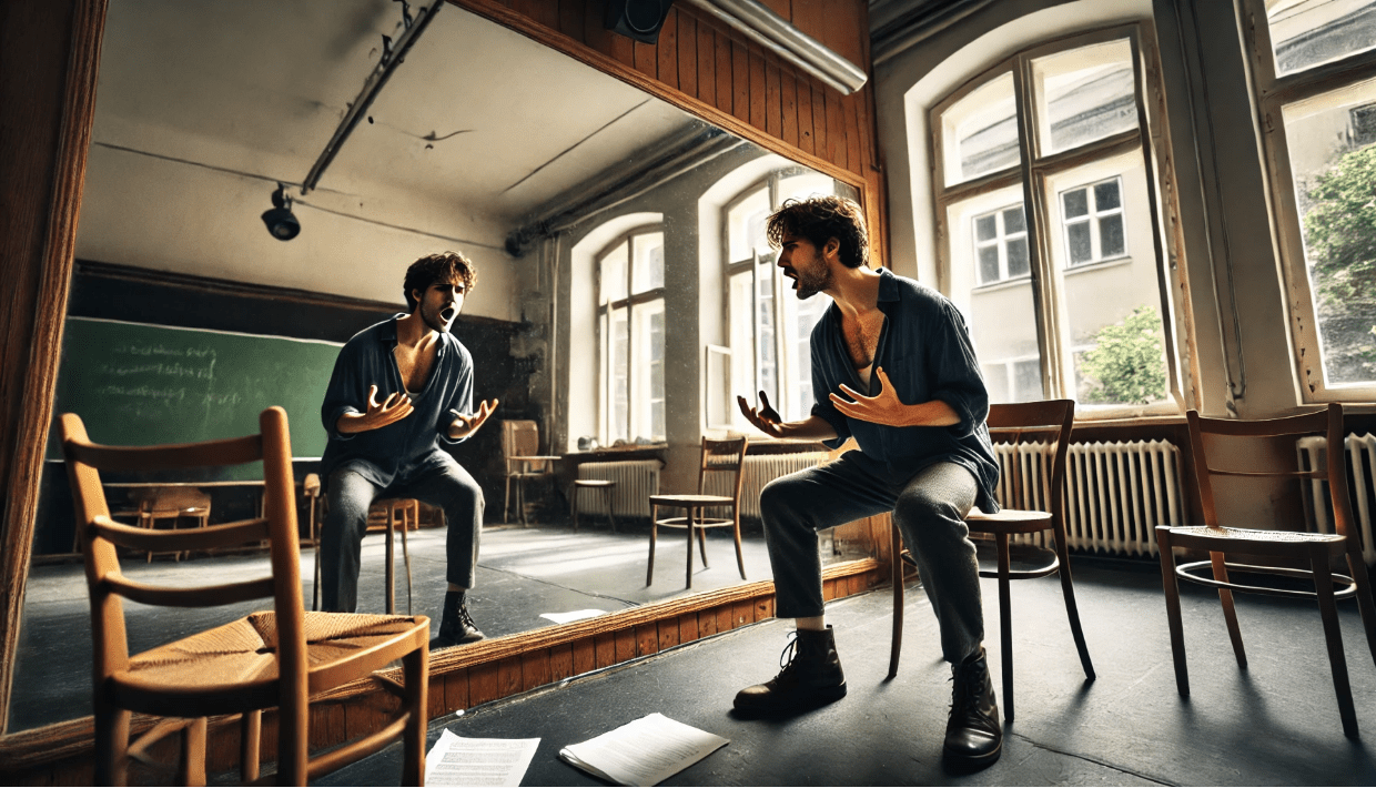 An acting student stands in front of a mirror in a small rehearsal room, mid-performance in an emotional monologue