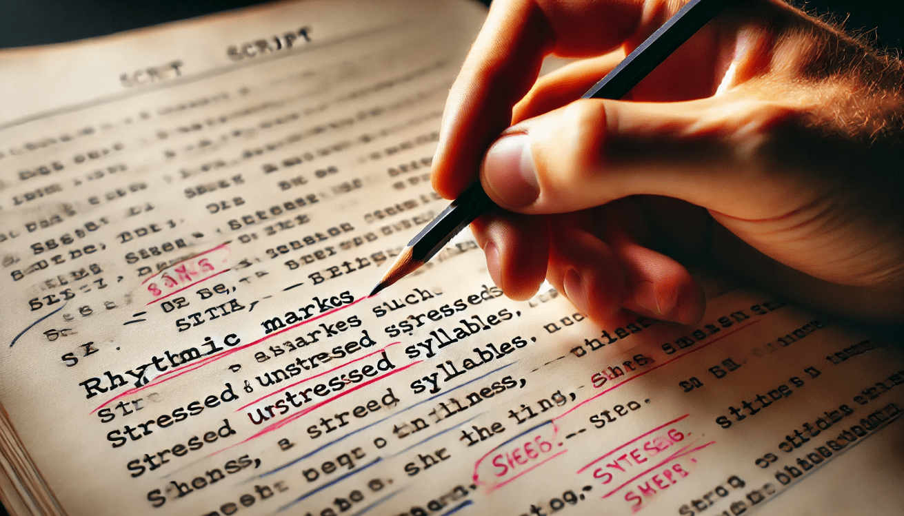 A close-up of a handwritten script annotated with rhythmic marks such as stressed and unstressed syllables.