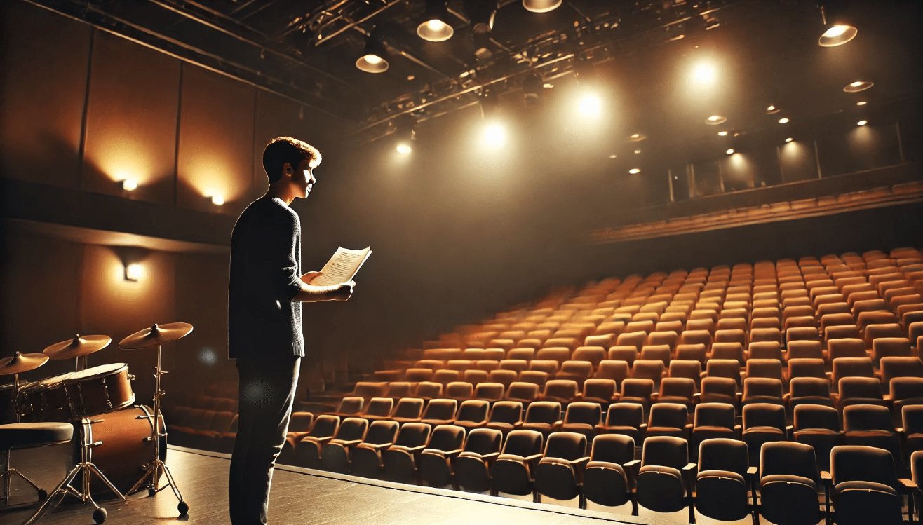 A focused student practices a monologue on an empty theater stage, bathed in gentle stage lighting.