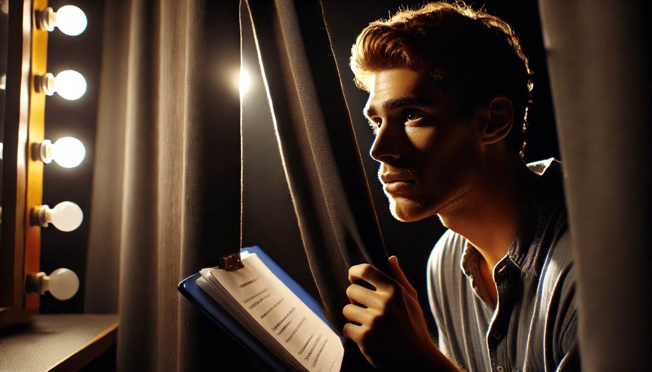 Backstage in a darkened theater, an anxious actor clutches a script and peers through a narrow gap in the curtain