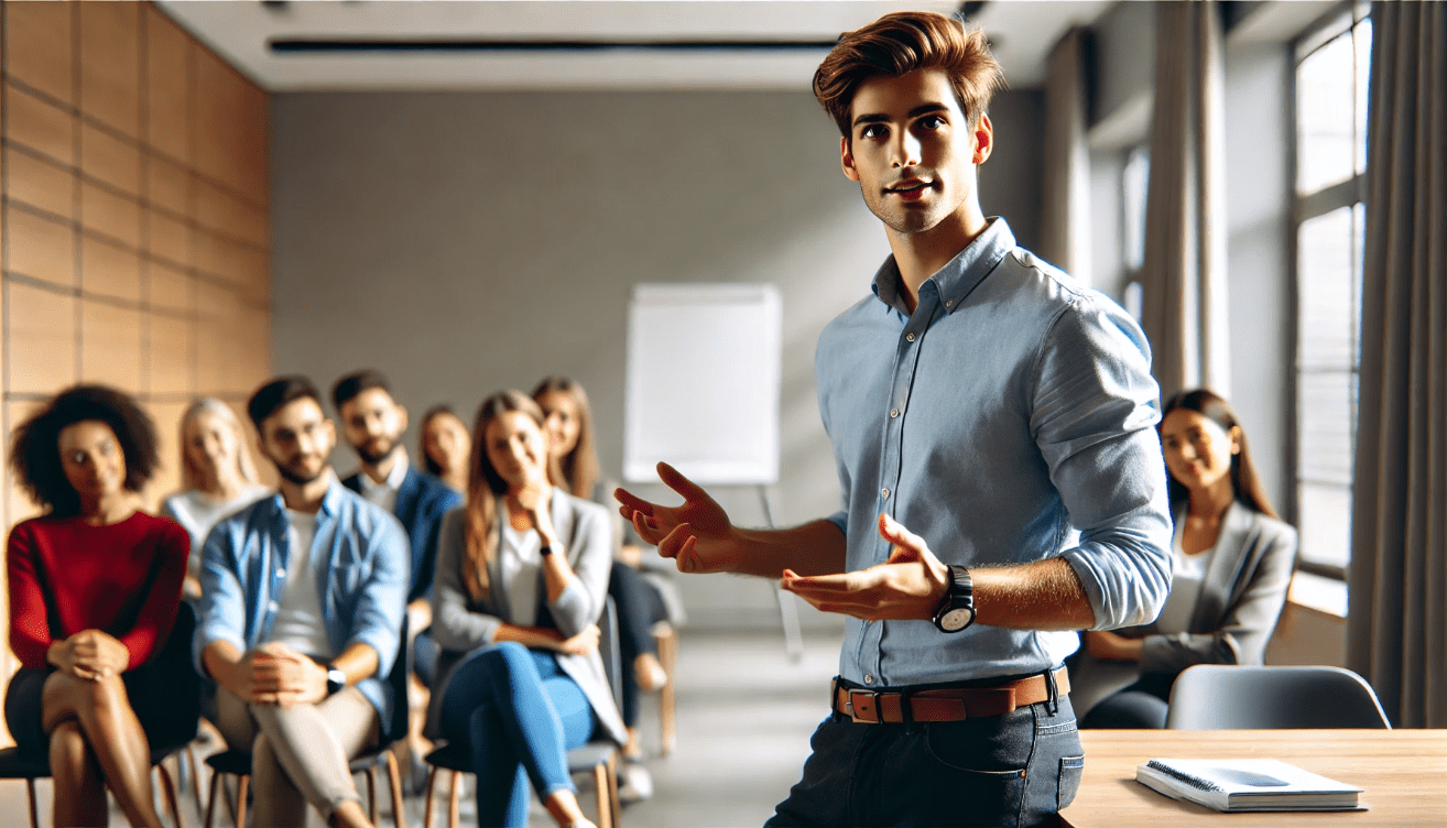 A confident young adult presents in a bright classroom, using expressive hand gestures