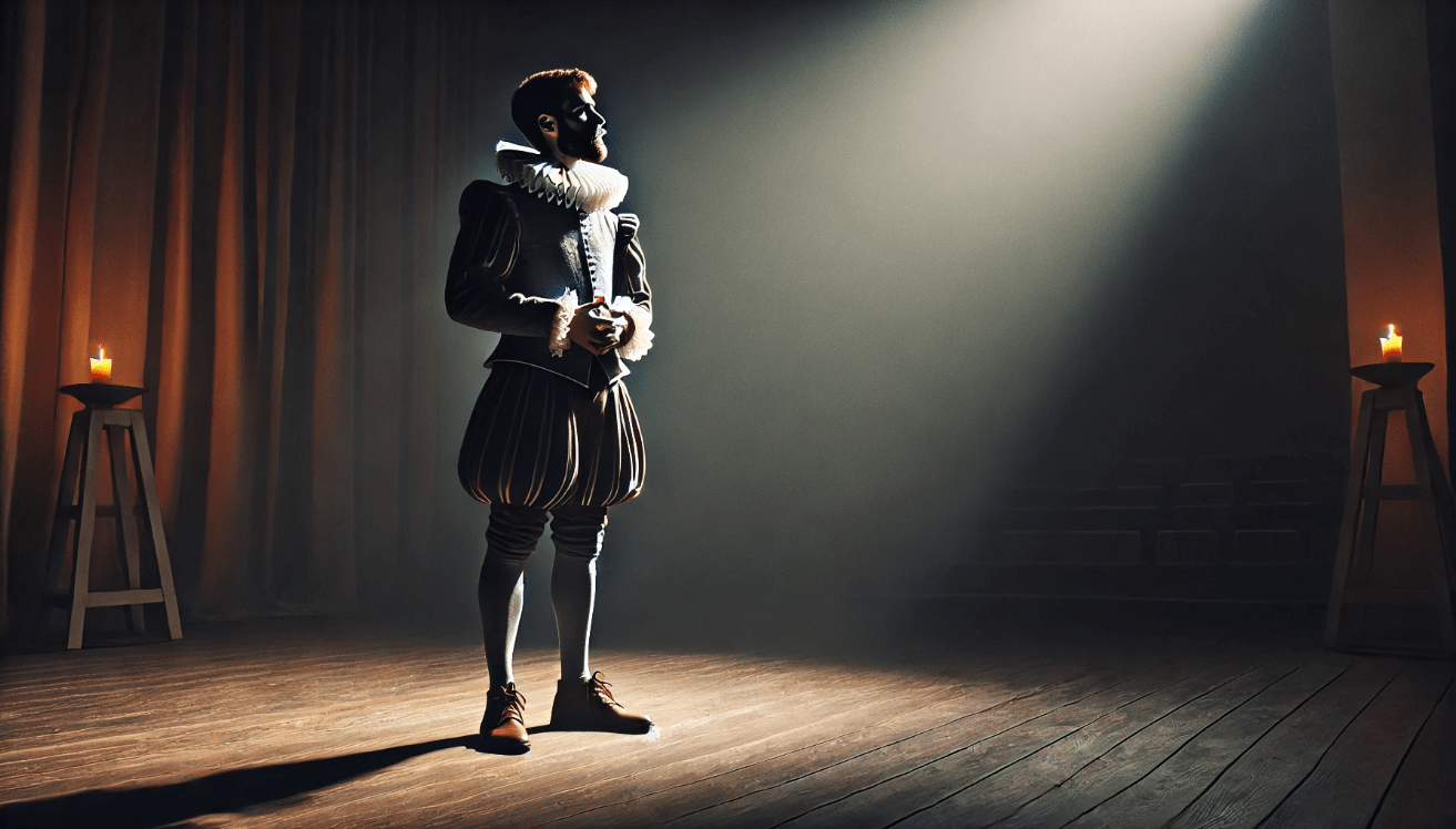 A lone actor in Elizabethan attire delivers a soliloquy under a focused spotlight on a shadowy theater stage.