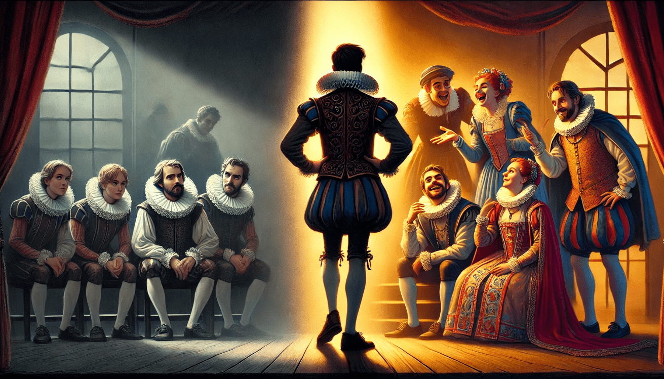 Contrast between a character delivering a soliloquy alone on stage and engaging in conversation with other characters in Shakespearean comedy.