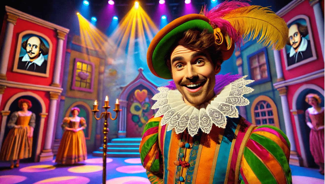 Shakespearean character engaging the audience with dramatic irony and wit, creating humor and tension in the soliloquy.