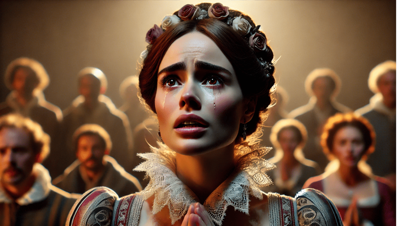 Close-up of a Shakespearean character delivering an emotional soliloquy, with the blurred faces of the audience in the background, highlighting emotional engagement.