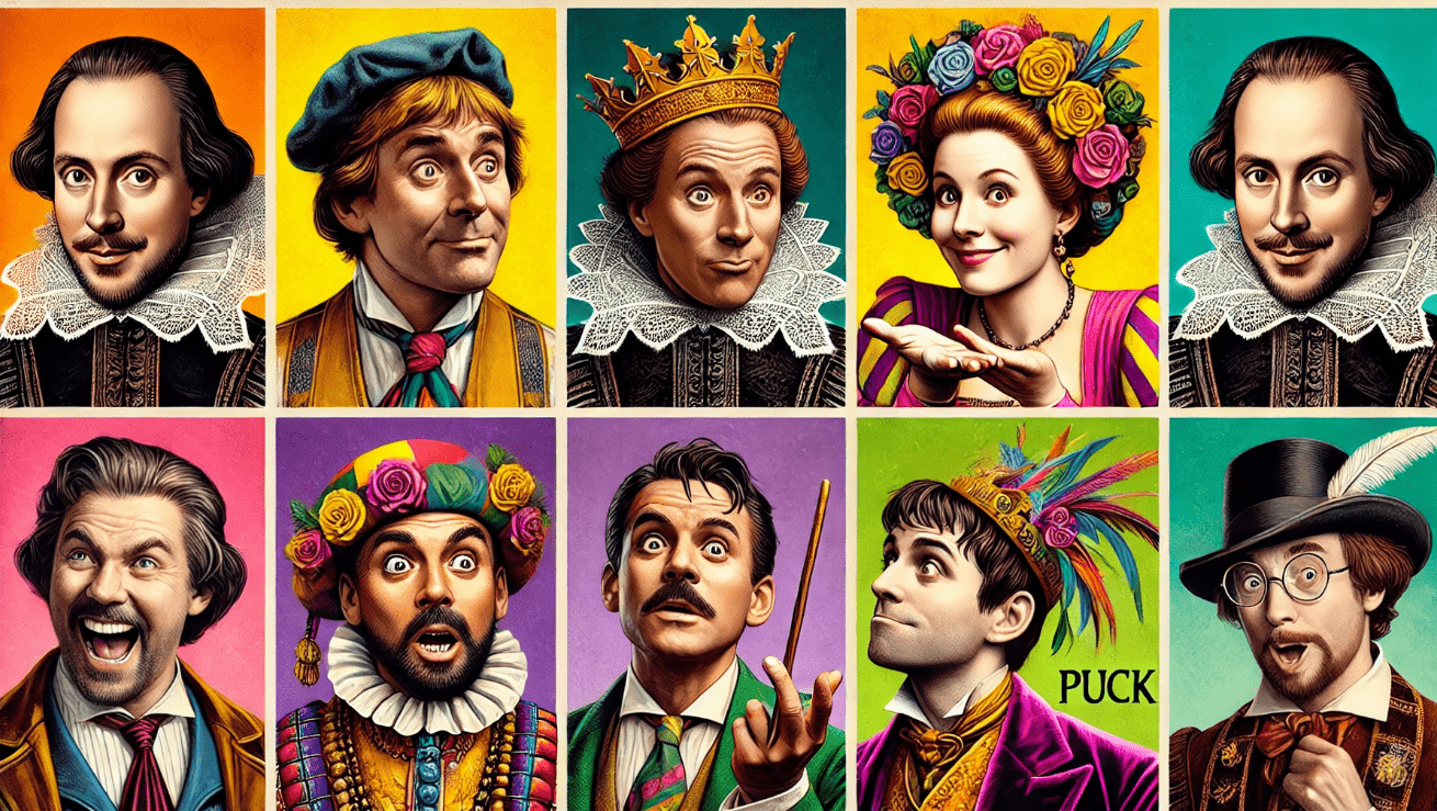 Collage of iconic Shakespearean characters—Benedick, Viola, and Puck—each delivering their famous soliloquies in vibrant, expressive scenes