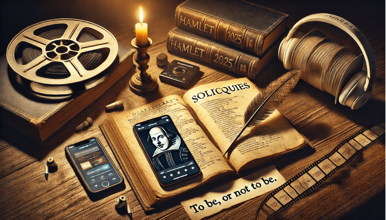 An artistic composition bridging historical and modern storytelling: a weathered Shakespearean book lies open with a quill pen atop it