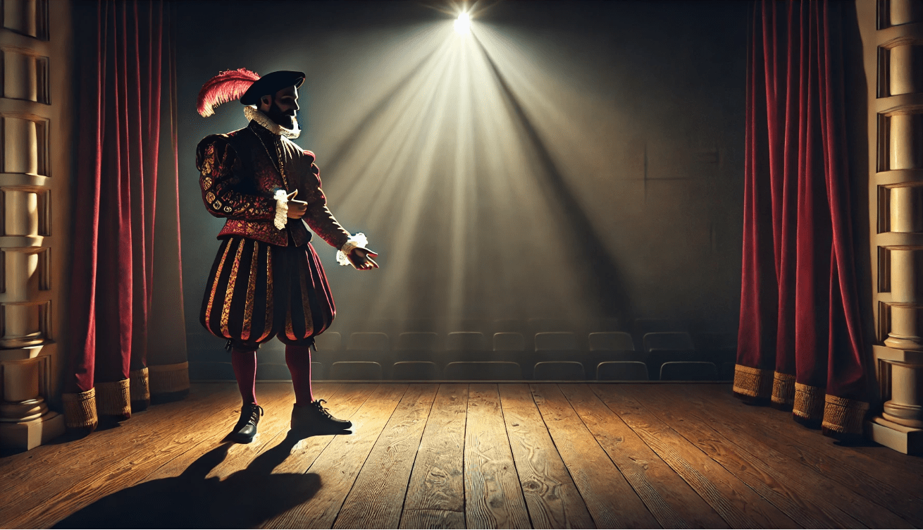 Shakespearean soliloquy performance with a single character under spotlight on a dark stage.