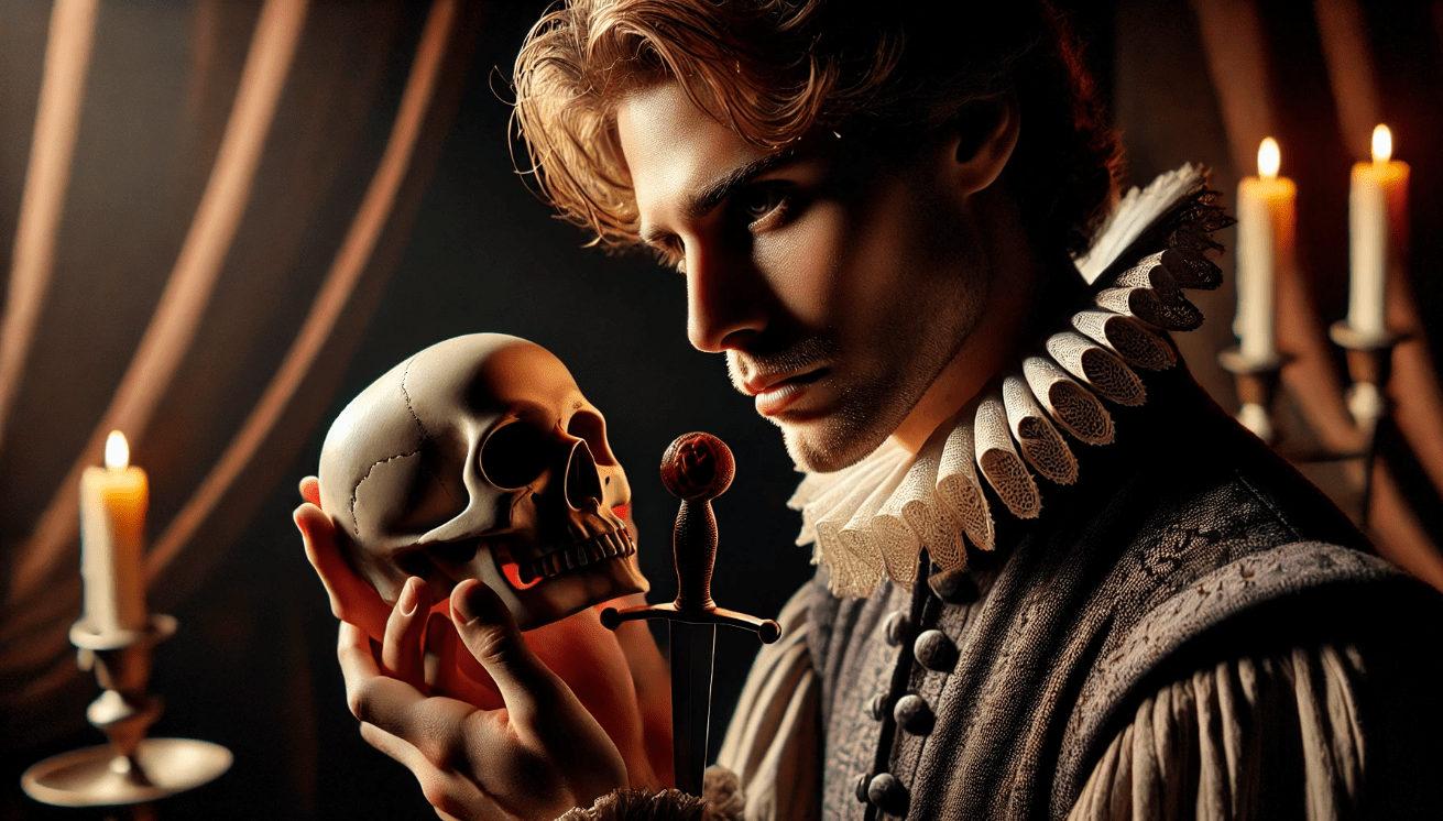Shakespearean character holding a symbolic object, like a skull or dagger, representing themes of guilt and mortality.