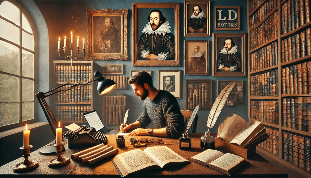 Modern writer blending Shakespearean writing techniques with contemporary creativity, surrounded by classic literature.