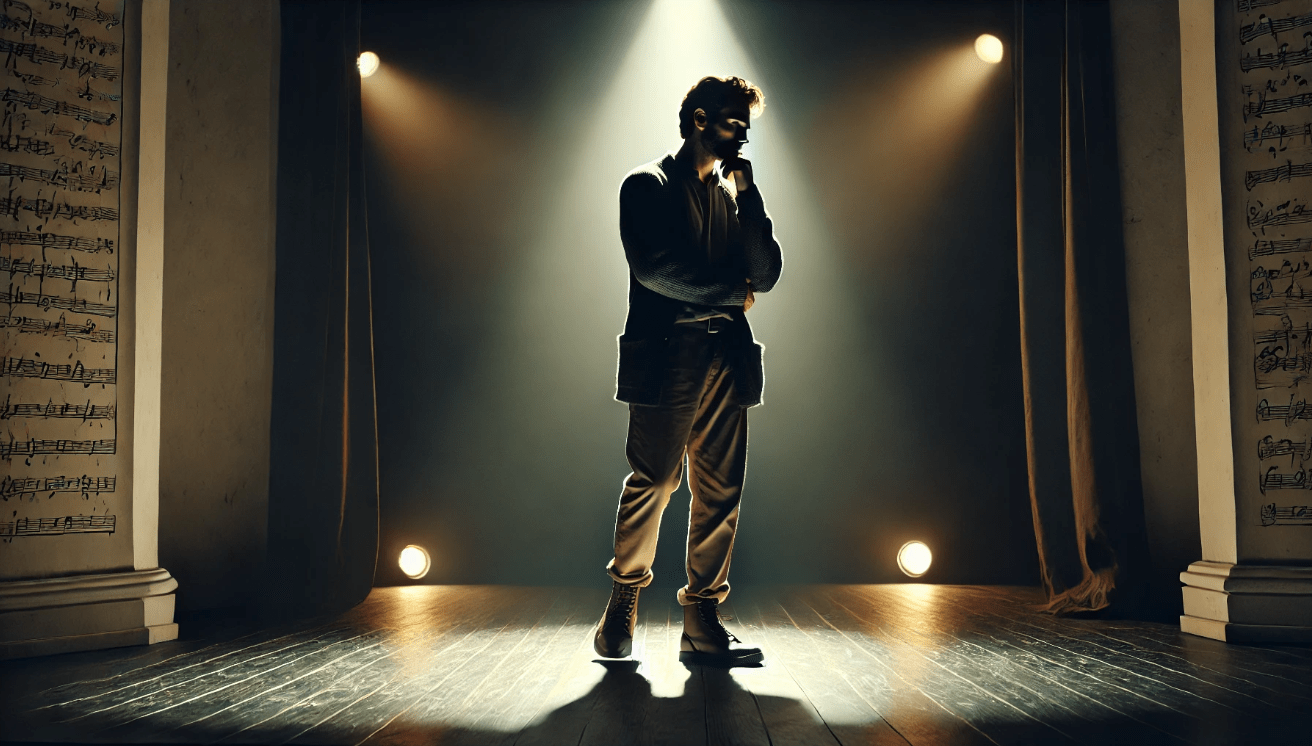 Character alone on stage in deep thought, symbolizing the use of soliloquies to explore philosophical themes in literature and drama