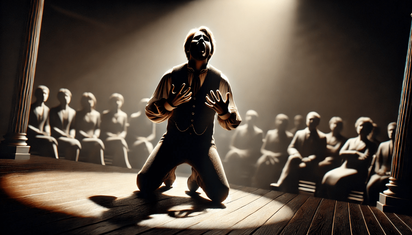 Character on stage, mid-soliloquy, illuminated by a spotlight, expressing deep inner conflict about life's meaning and existence