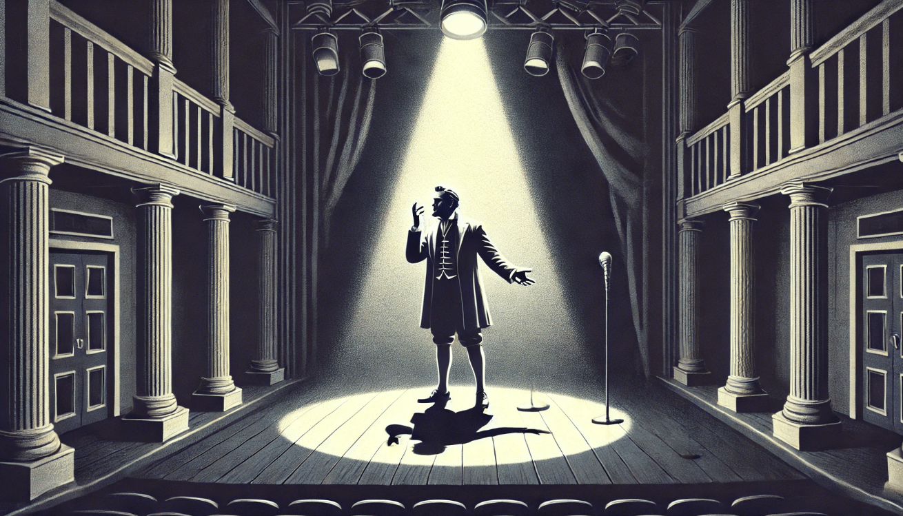 Character delivering a soliloquy on stage, under a spotlight, pondering deep philosophical questions about life and morality