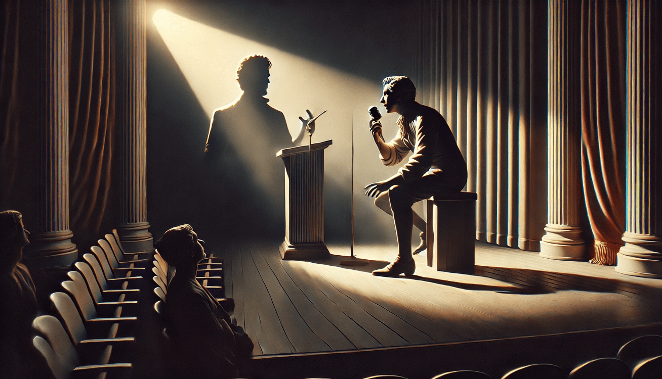 Character on stage under a spotlight, deep in introspection, surrounded by shadows, symbolizing internal conflict and philosophical exploration.