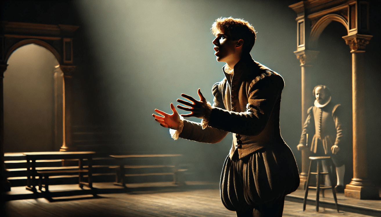 Shakespearean character delivering a passionate soliloquy on stage, illuminated by a spotlight with expressive body language and deep inner conflict