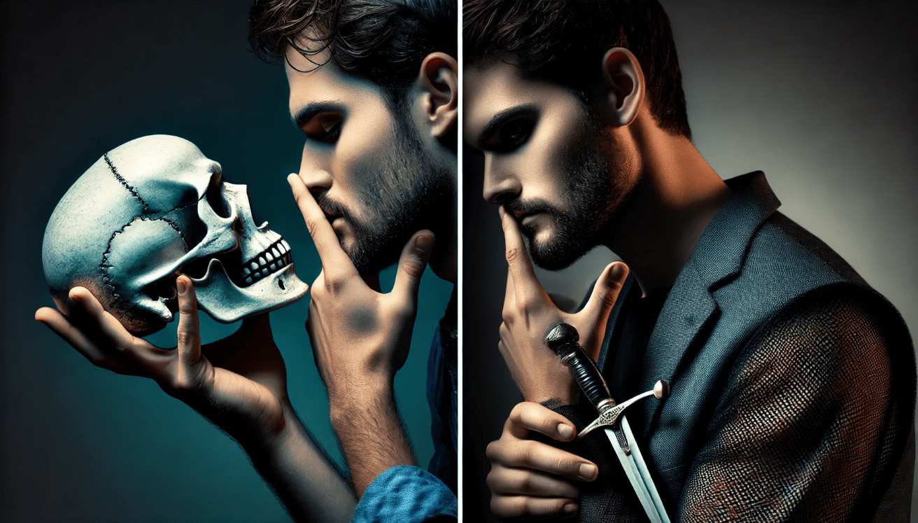 Split-screen image of a Shakespearean character experiencing internal conflict, with contemplation on one side and dramatic action (e.g., holding a skull or dagger) on the other.