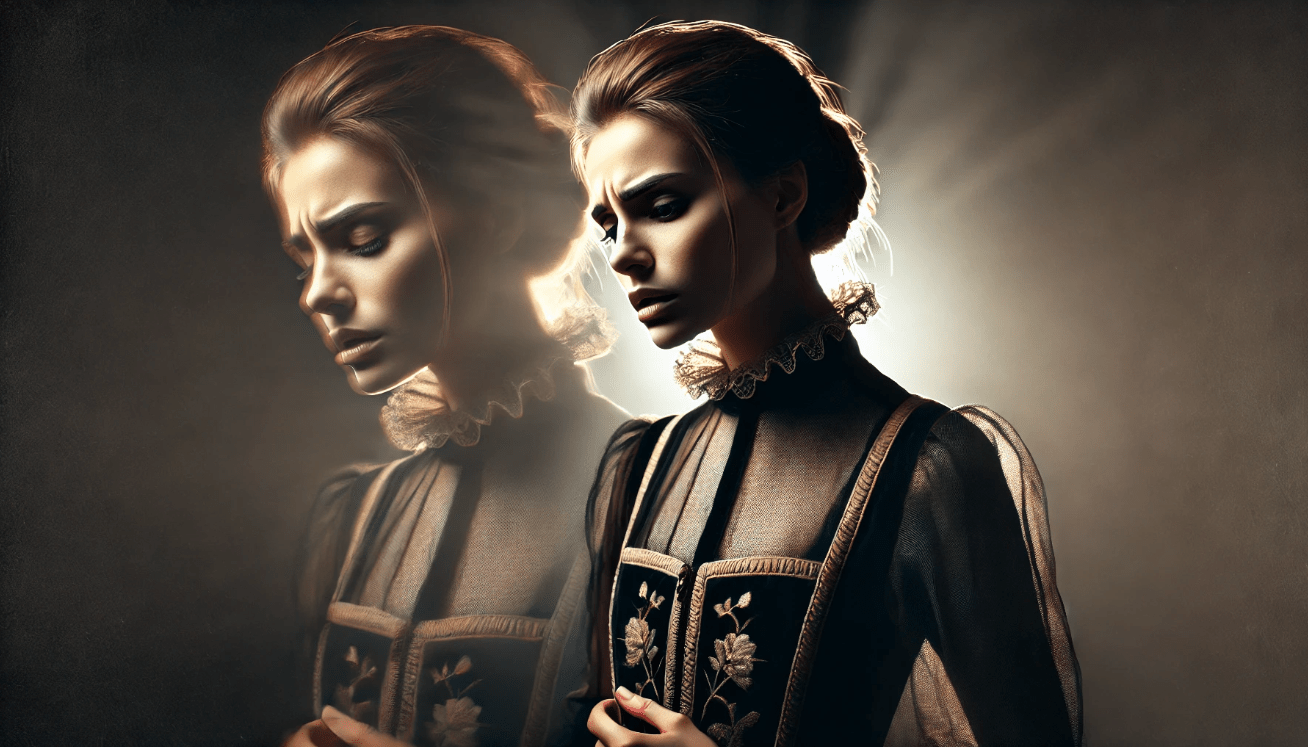 Portrait of a Shakespearean character expressing vulnerability during a soliloquy, with dramatic lighting highlighting their emotional depth