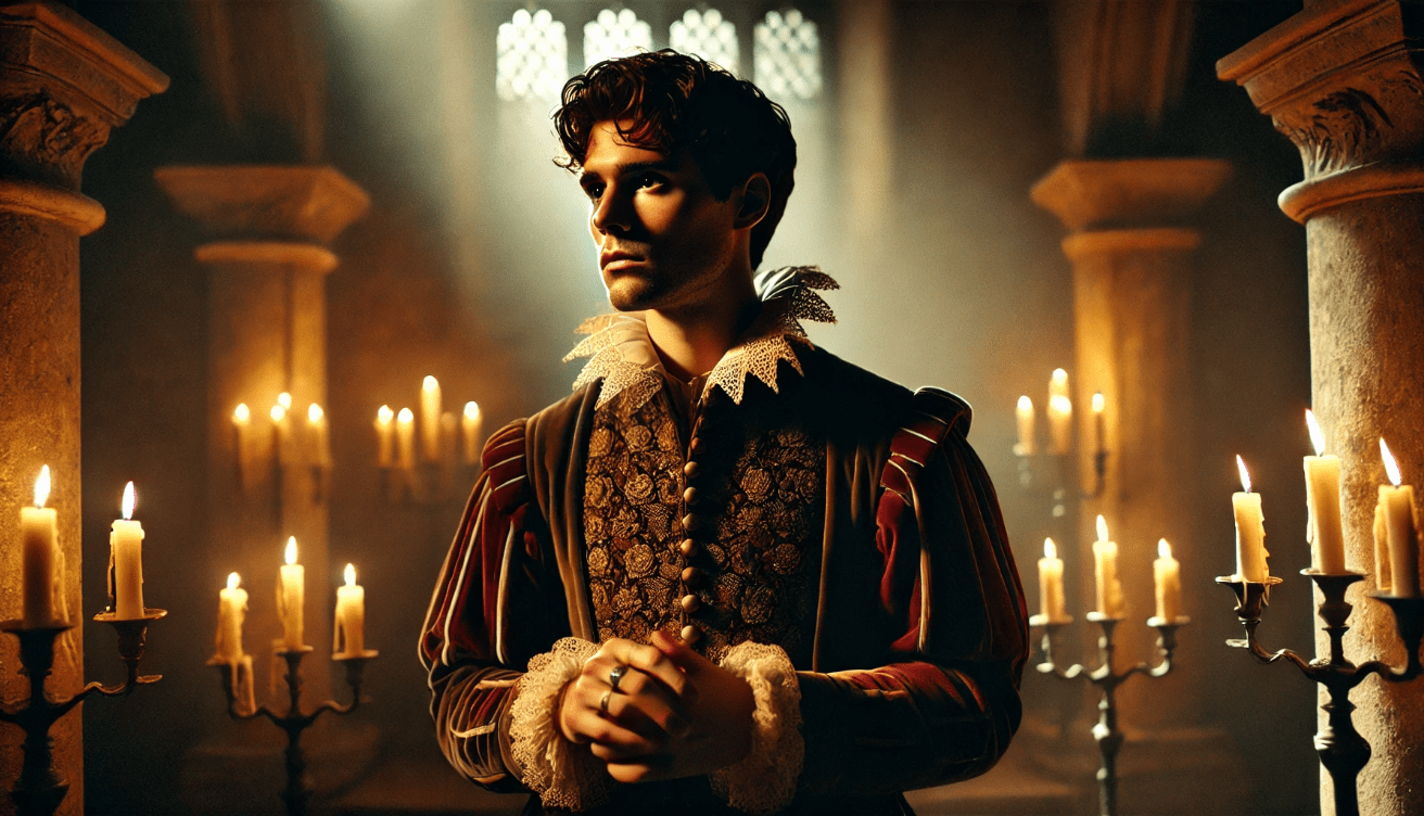 Shakespearean character at a pivotal moment, with dramatic tension and internal conflict highlighted during a soliloquy