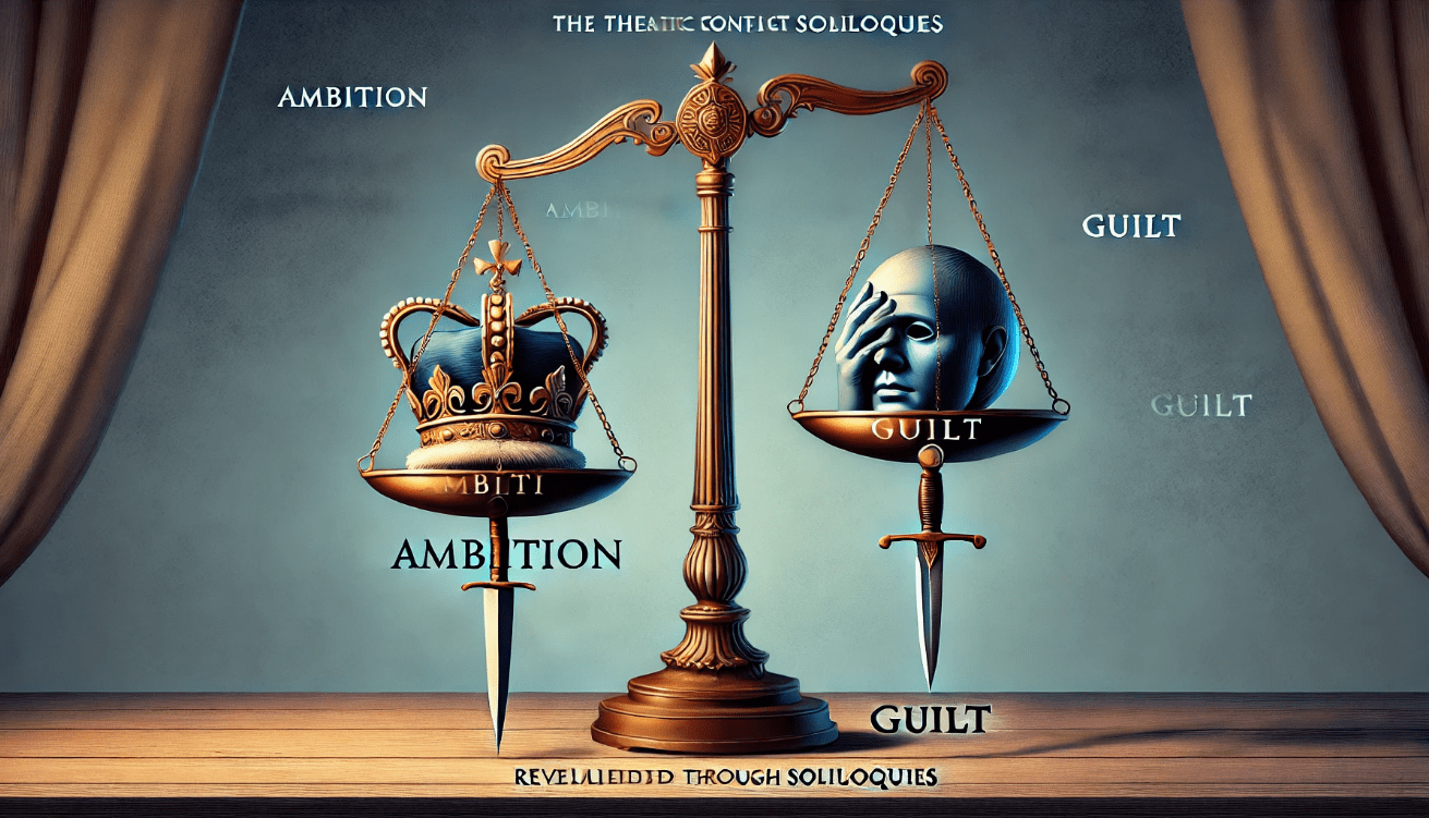 Metaphorical balance scale showing ambition and guilt, symbolizing thematic conflicts revealed through soliloquies.