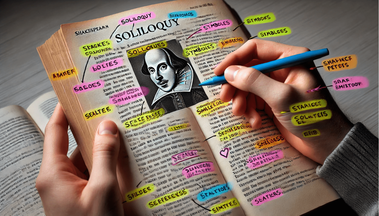 Person analyzing Shakespeare's soliloquy with highlighted phrases and symbols for deeper literary understanding.