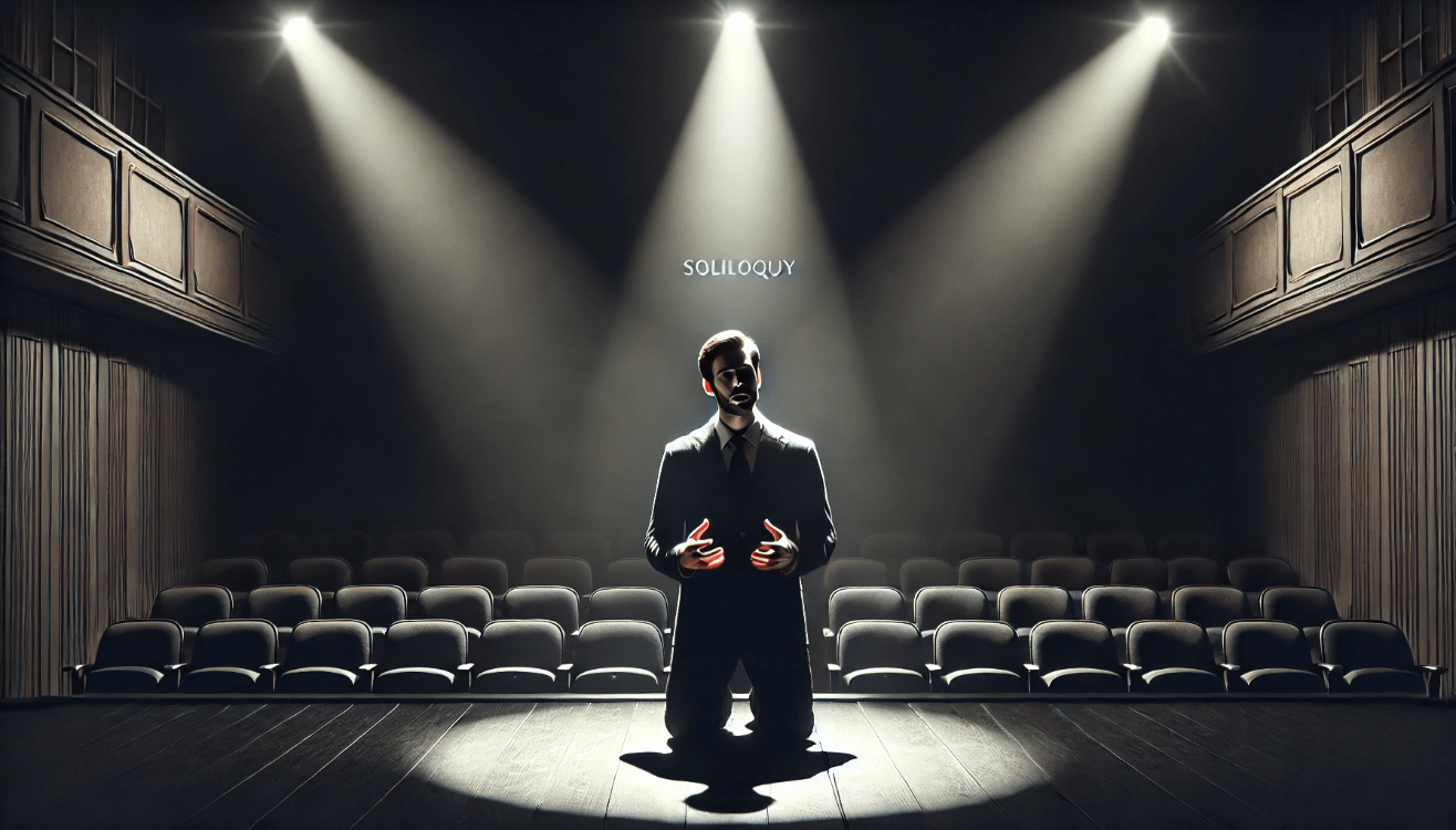A character delivering a soliloquy on stage, revealing inner emotions and motivations.