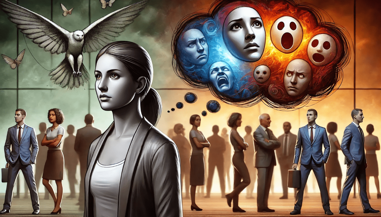 Dramatic contrast between a character’s inner turmoil and outward composure in a soliloquy.