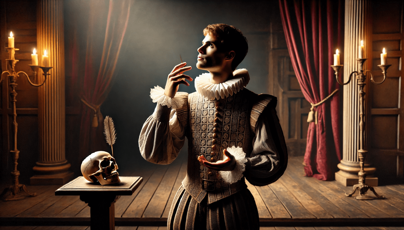A 16th-century male actor in Elizabethan costume stands alone on a dimly lit wooden stage, holding a skull and gazing upward under a spotlight, symbolizing introspection and psychological conflict in a Shakespearean soliloquy.
