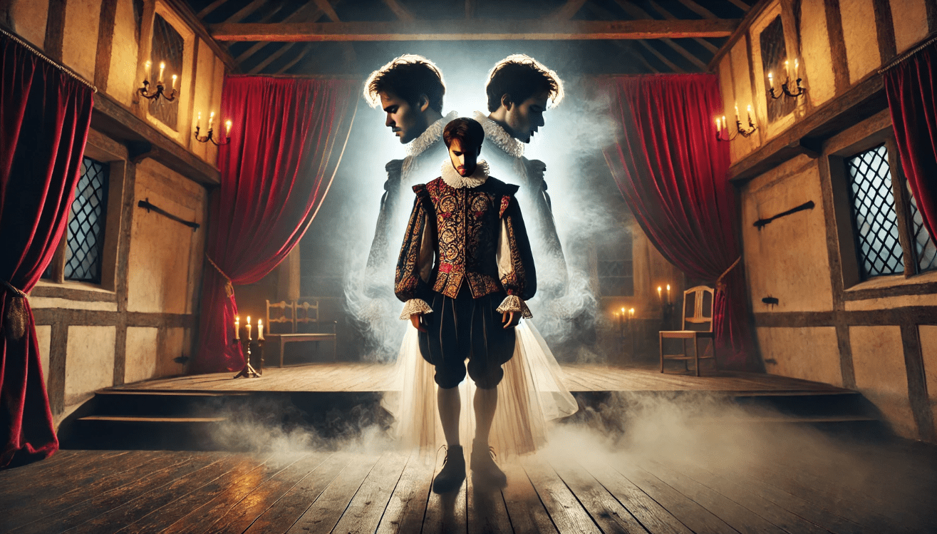 A Shakespearean actor in Elizabethan costume stands mid-stage at night, surrounded by fog and soft candlelight, with a ghostly double exposure around his head symbolizing confusion and psychological conflict.