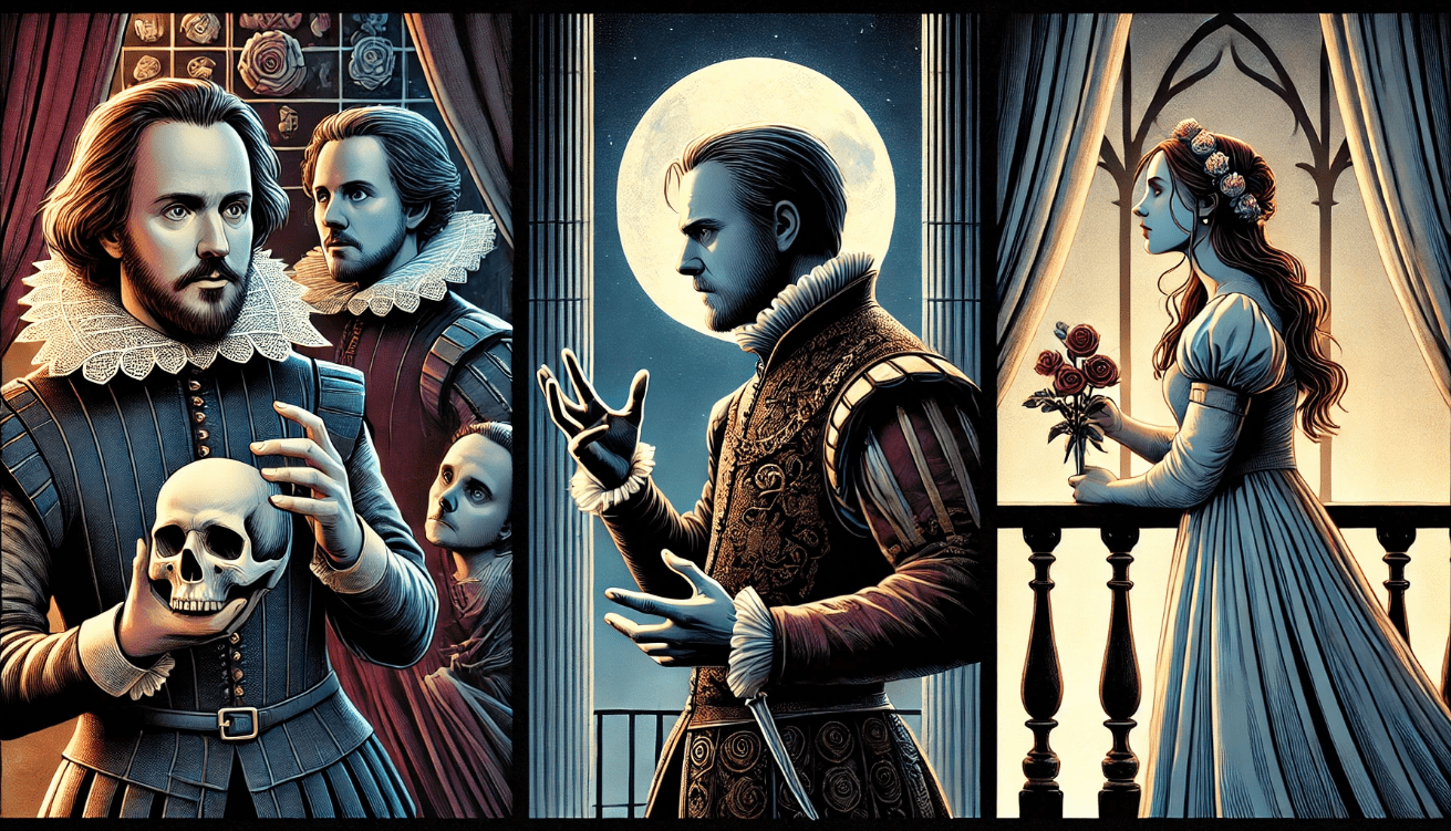 A triptych illustration featuring Hamlet holding a skull in contemplation, Macbeth reaching for an invisible dagger in fear, and Juliet gazing at the moon from her balcony—each in their own dramatic panel, wearing Elizabethan attire and expressing intense emotion
