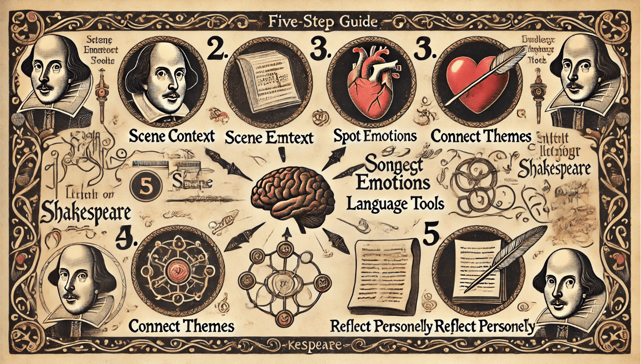 The parchment-textured background supports five distinct steps: 1. Scene Context (scroll icon),