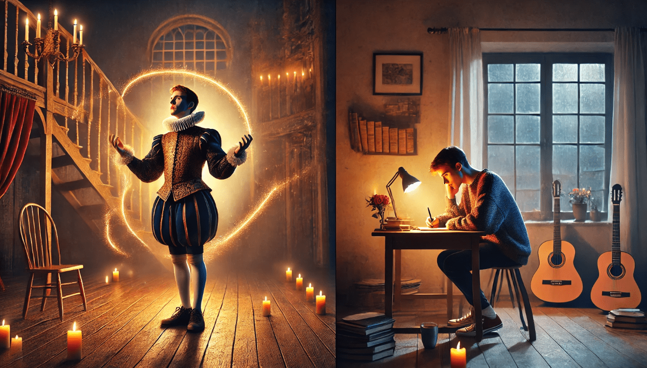 On the left, a Shakespearean actor in Elizabethan costume stands alone on a dimly lit wooden stage, illuminated by warm candlelight, delivering a soliloquy with a reflective expression