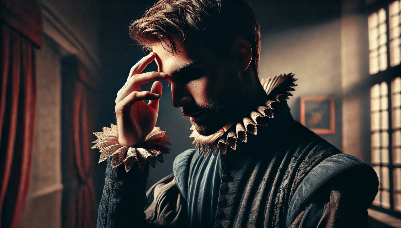 A close-up of a male actor in Shakespearean costume standing in a dimly lit room.