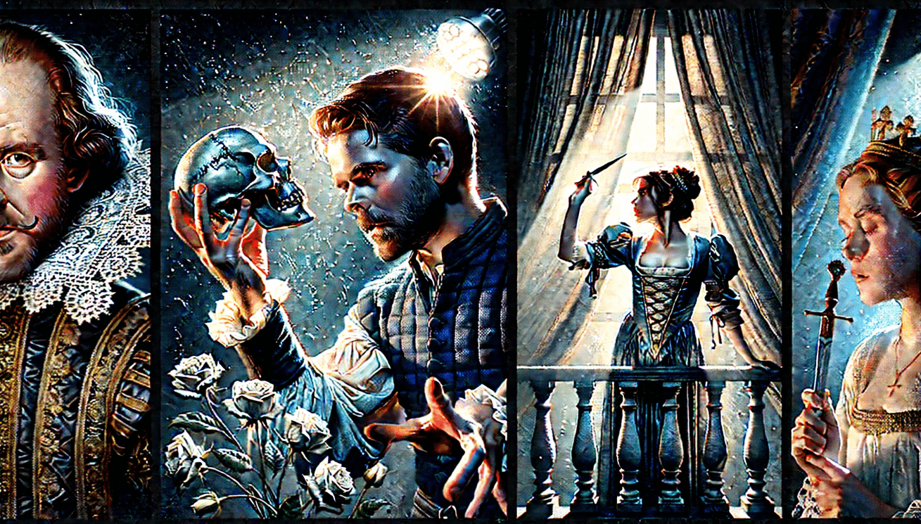 Hamlet stands to the left with a skull in hand, deep in thought. Macbeth takes center stage, reaching for an unseen dagger with intensity on his face