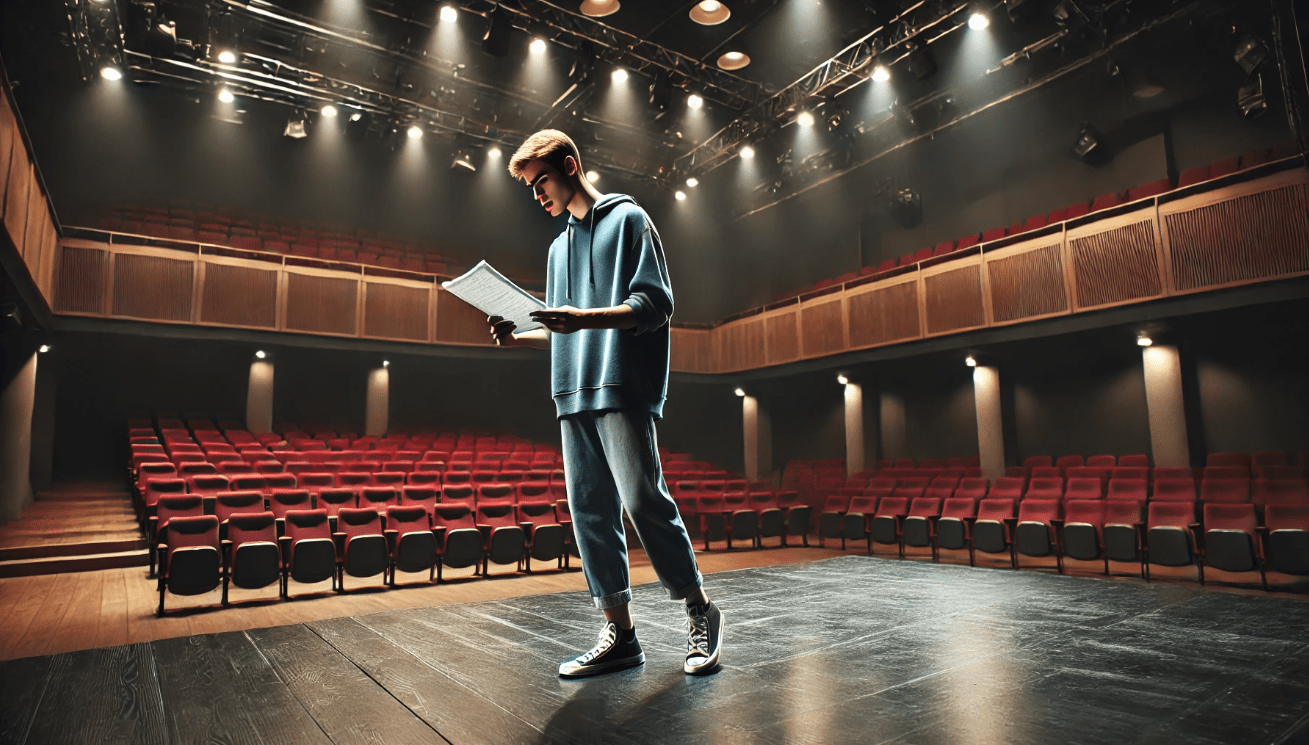 A contemporary theater rehearsal scene showing a young actor on an empty stage