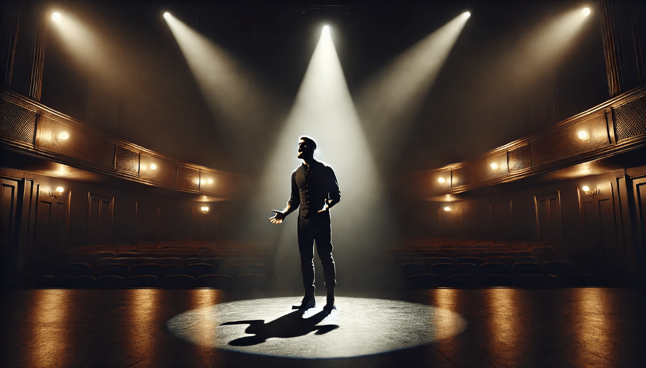 An actor performs a powerful soliloquy on a dark stage, illuminated by a single spotlight.