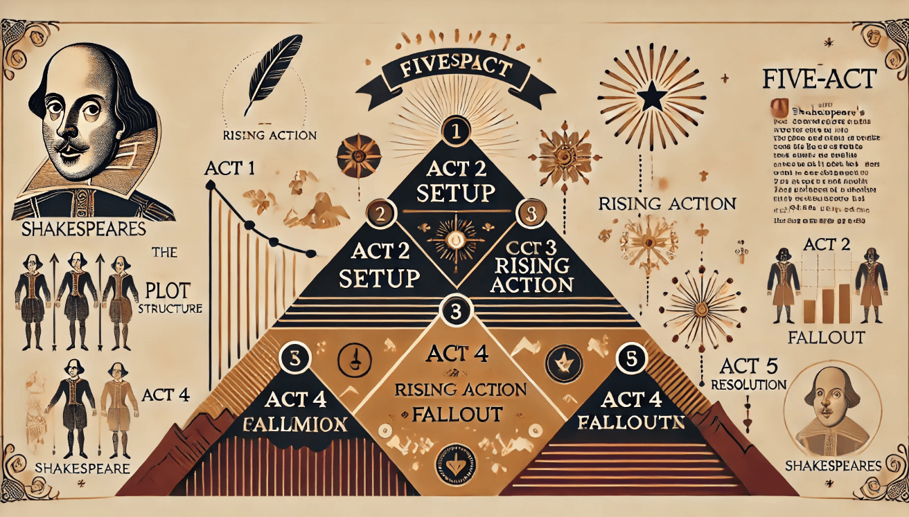 A visually appealing infographic-style image showing the five-act structure as a dramatic mountain or staircase with labeled steps