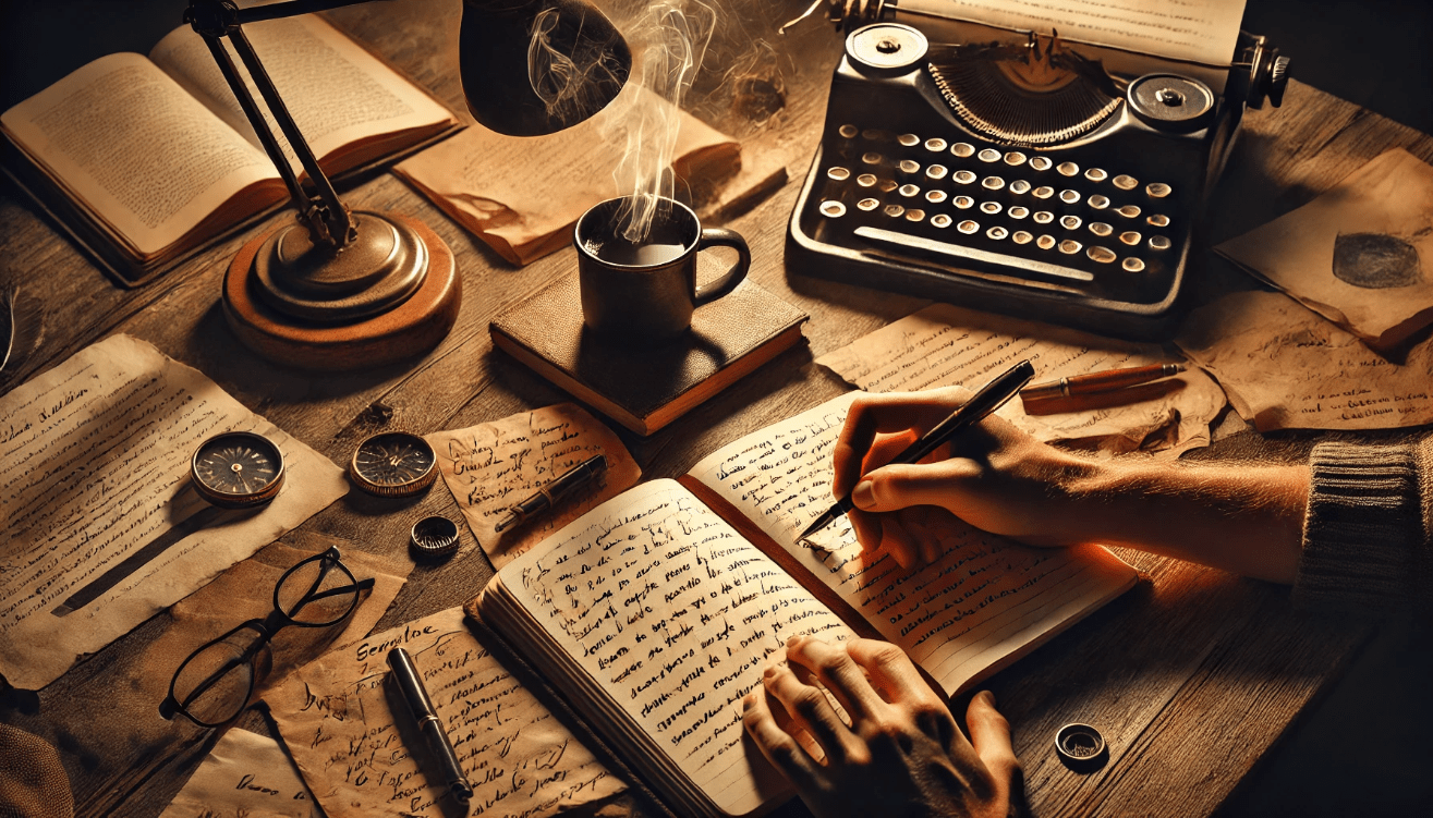 A close-up of someone writing a monologue or personal reflection in a notebook, with creative surroundings (mug, pen, papers, maybe a candle)