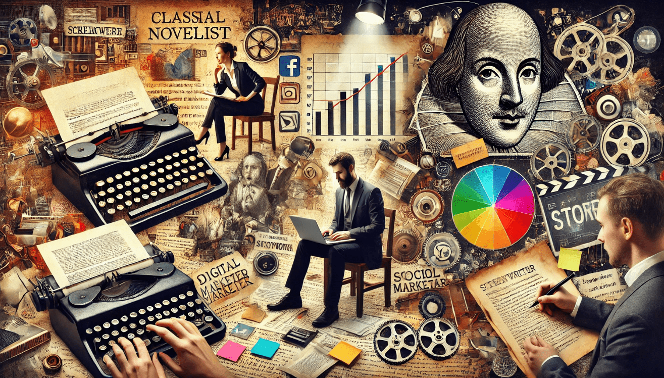 A collage-style image showing a novelist, marketer, screenwriter, and playwright all working, with Shakespearean elements (like quills, scrolls, or masks) subtly integrated