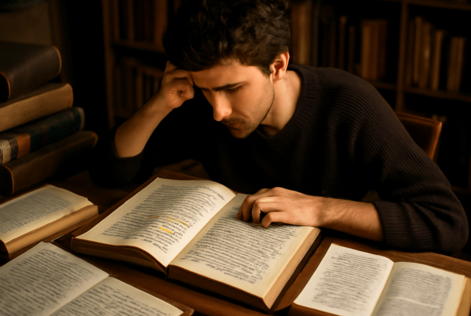 Person analyzing Shakespeare’s soliloquy with annotations and notes in a study setting.