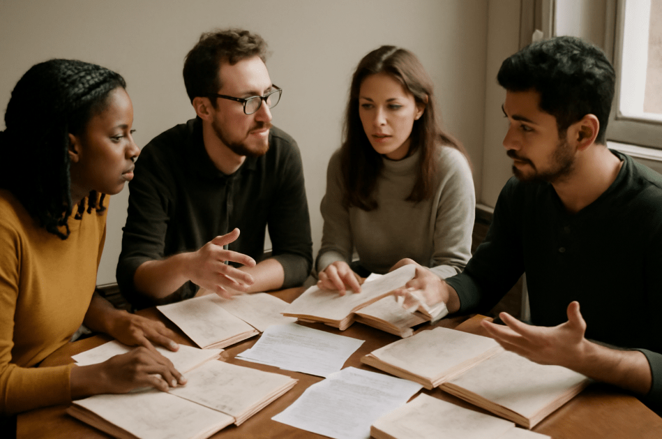Group of students practicing Shakespeare’s soliloquy together in a collaborative setting.
