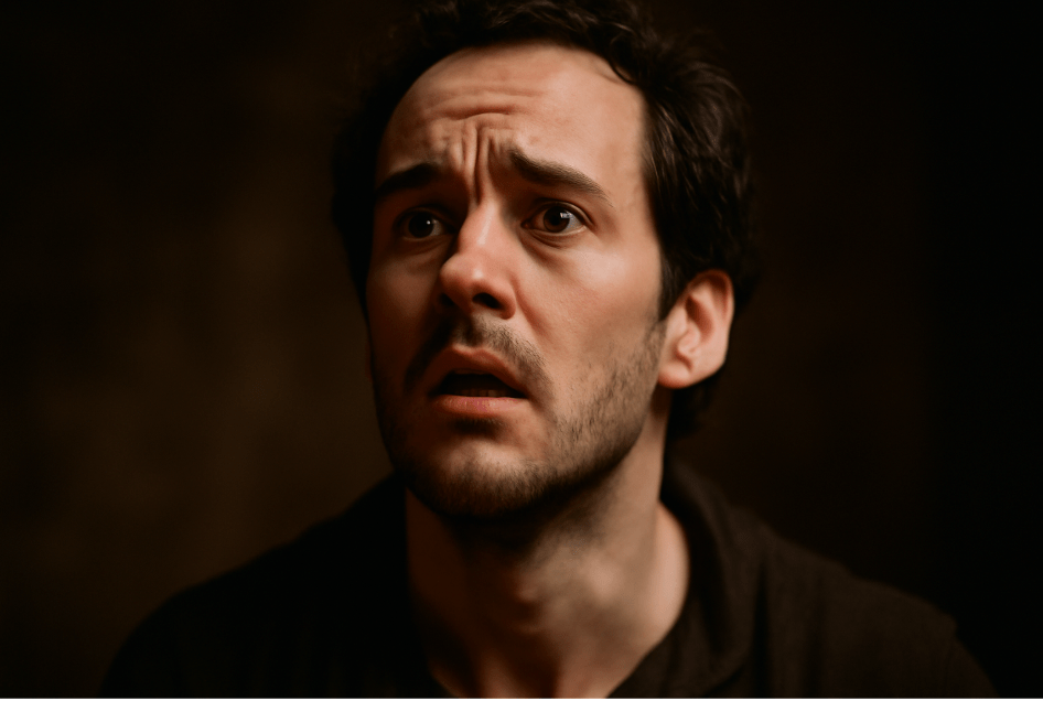 Actor’s dramatic close-up showing intense emotion and inner conflict during a Shakespearean soliloquy